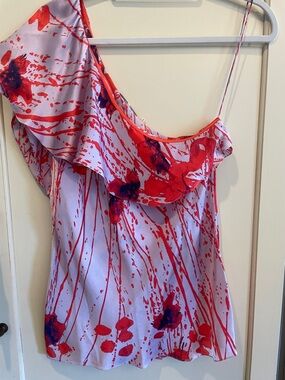 Elie Tahari Silk One-Shoulder Blouse in red and lavender, Size M